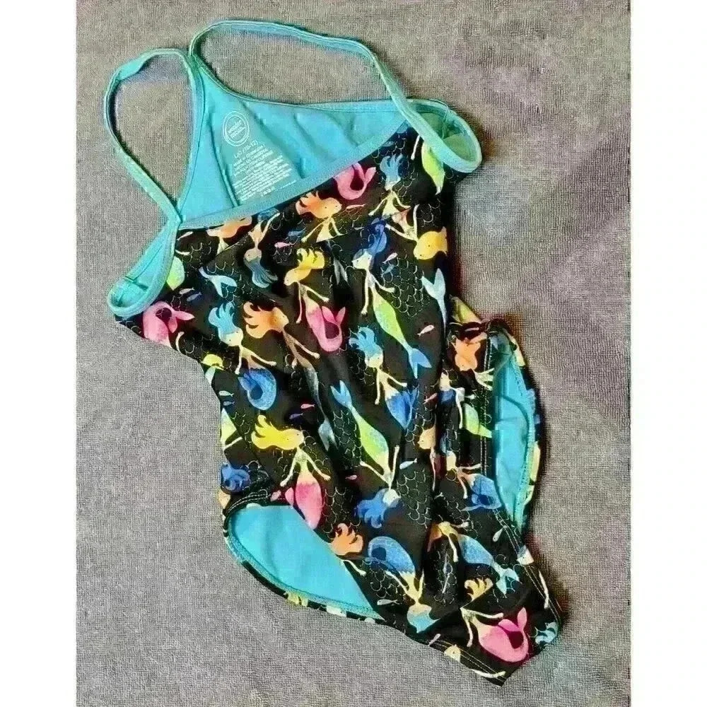 WONDER NATION Girl MERMAID Bathing Swim Suit BLACK One Piece LINED size Lg 10-12 - Picture 4 of 5